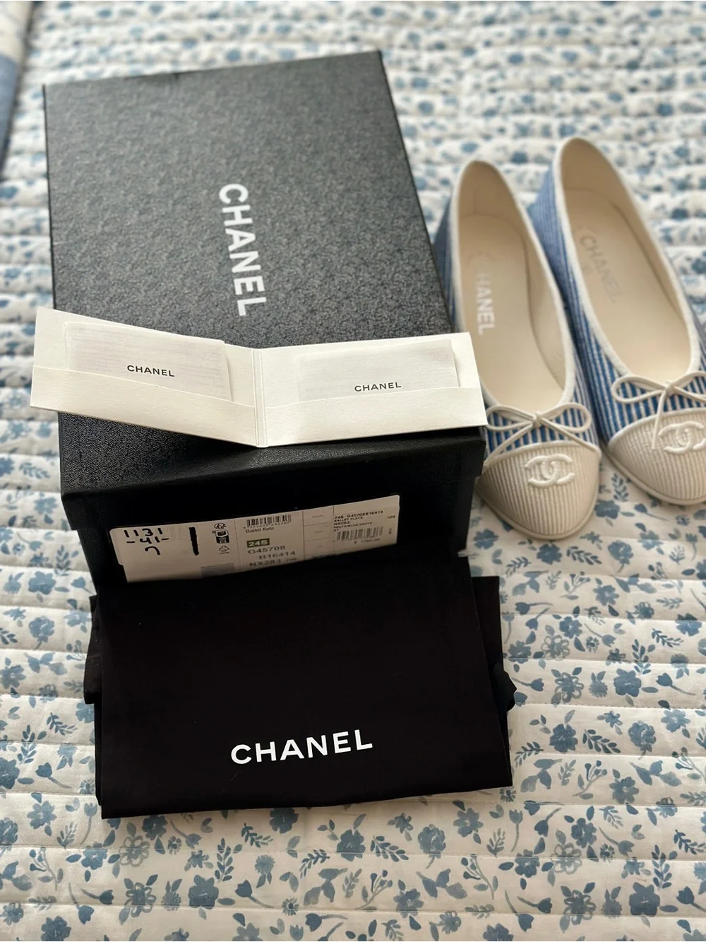 CHANEL Blue Striped and Cream Cap-Toe Ballet Flats
